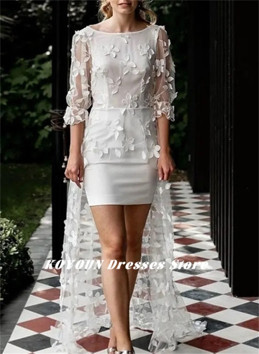 KOYOUN-vestido de novia de corte en A, prenda elegante con sobrefalda, cuello Barco, apliques, Mangas de tres cuartos, para fiesta nupcial, 2024