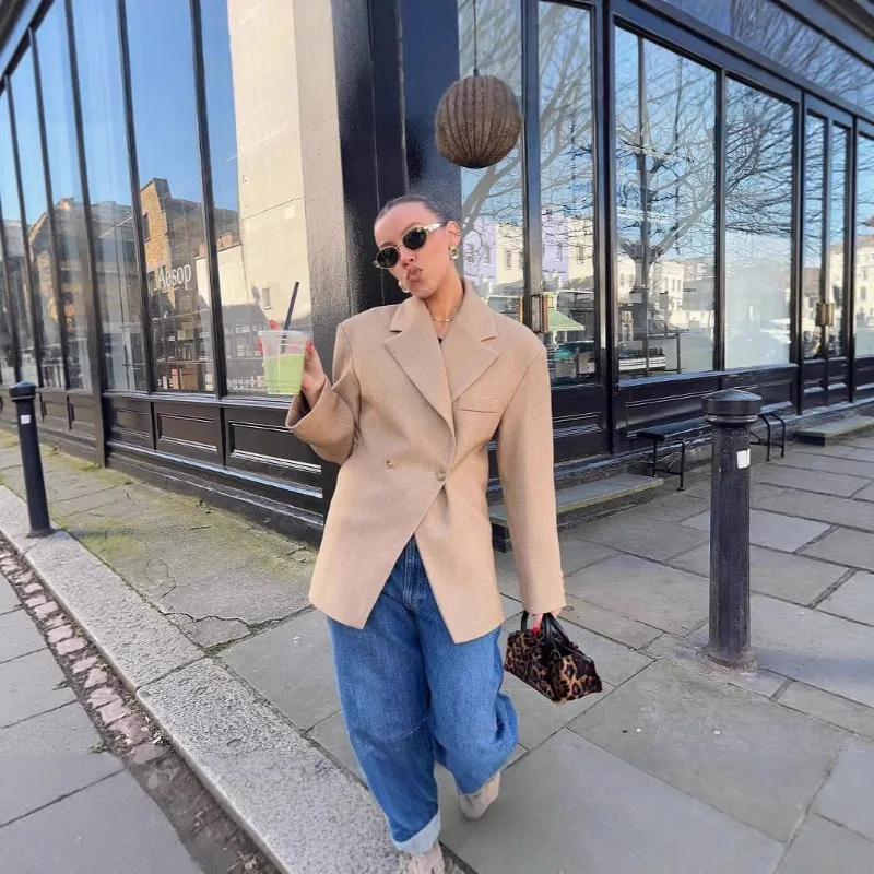 Women's Clothing Blazers Autumn New Khaki Coats Shoulder Pads Fitted Waist Slim Fit Irregular Suits Jackets Long-sleeved Top