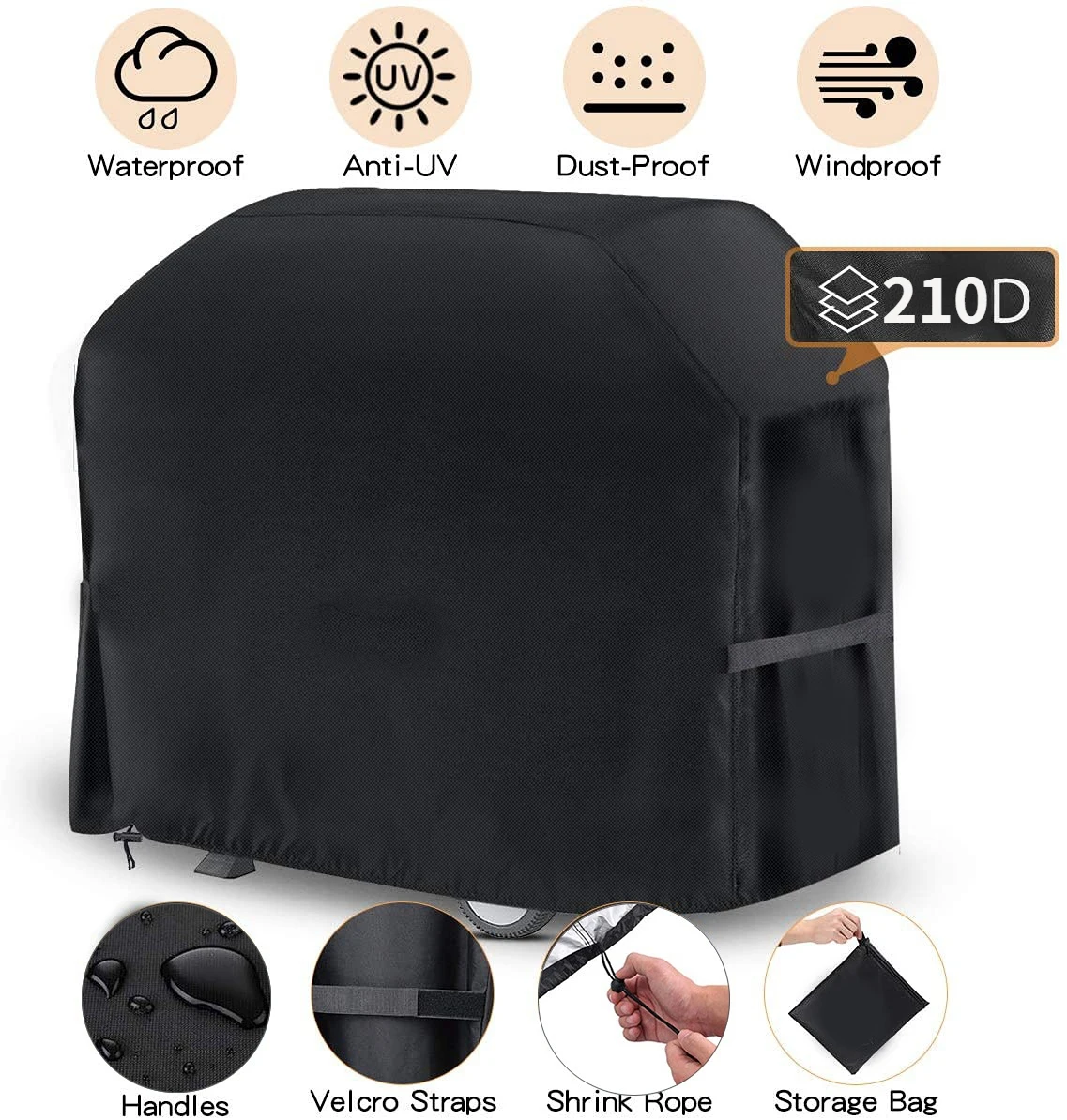 

190T/210D BBQ Cover Anti-Dust Waterproof Weber Heavy Duty Charbroil Grill Cover Rain Protective Barbecue Cover Round Black