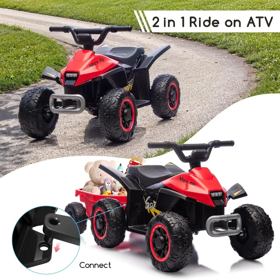 Kids Ride On Toys,6V Kids ATV Quad with Trailer for Toddlers 3 Year Old+, Electric Ride-On Car w/Wear-Resistant Tires,Music, For