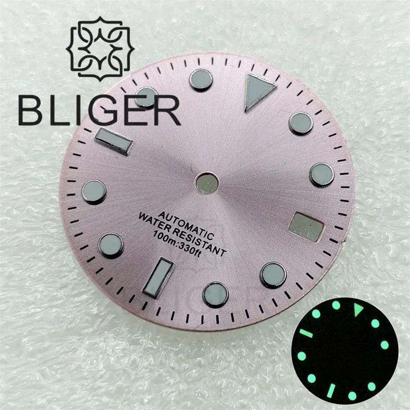 BLIGER 29mm Sunburst/Matte/Glossy 3.0 Crown Watch Dial Black Pink Red Dial Blue/Green Luminous Fit NH35 Movement Date Window