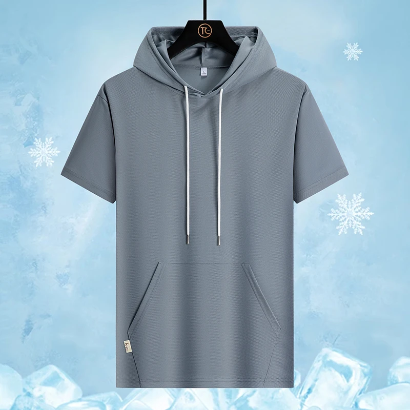 Men Fashionable Hooded Trendy Ice Silk T-shirt for Summer Outdoor Football Training Sweat Absorbing Quick Drying Casual T-shirt