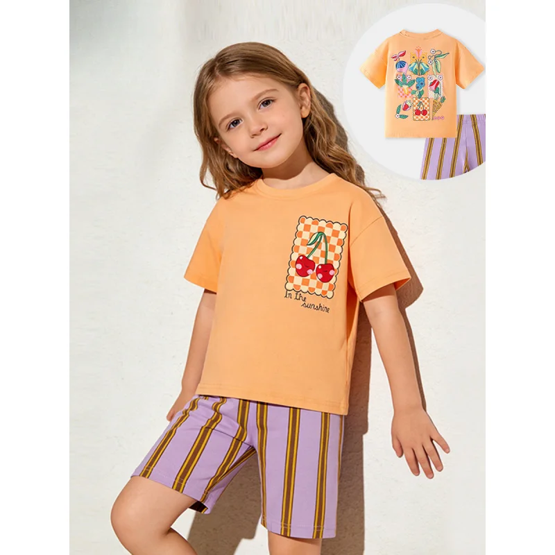 

2026New Summer3-8Girls' Two-Piece Outfit: Cartoon Round-Neck Printed Top
