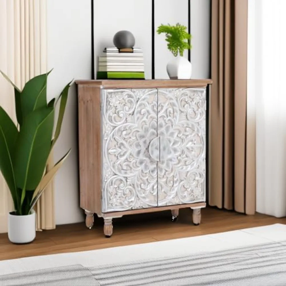 Accent Cabinet with Doors, Distressed Decorative Storage Cabinet with Wood Frame and Silver Embossed Pattern