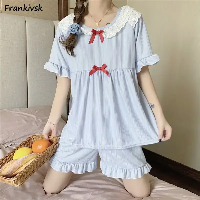 

Новые летние женские пижамные комплекты из хлопка: свободные, удобные, с бантом, в корейском стиле, милые и модные, популярные среди женщин.