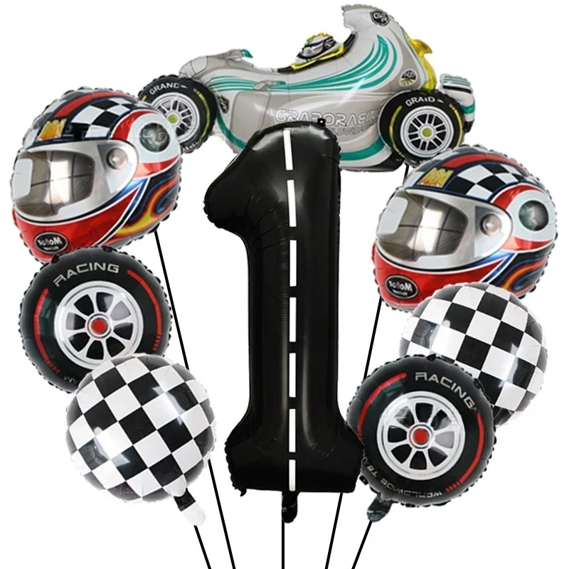 Juego de globos de aluminio con números temáticos de coche de carreras, 8 Uds., 40 pulgadas, casco de Motor con dígitos, rueda, neumático, globos de carreras, decoración de cumpleaños para niño, bebé S