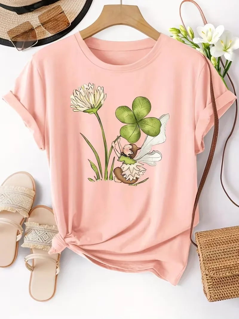 Four-leaf clover Printed Women's T-shirts Fashion Casual Comfortable Daily Round Neck Short Sleeve Tops Harajuku Woman Clothing