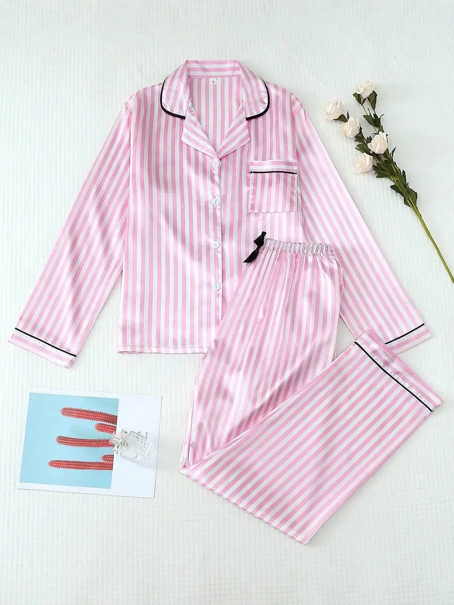 Women Satin Pajama Set Long Sleeve Collar Top Striped Bow Pants Loungewear