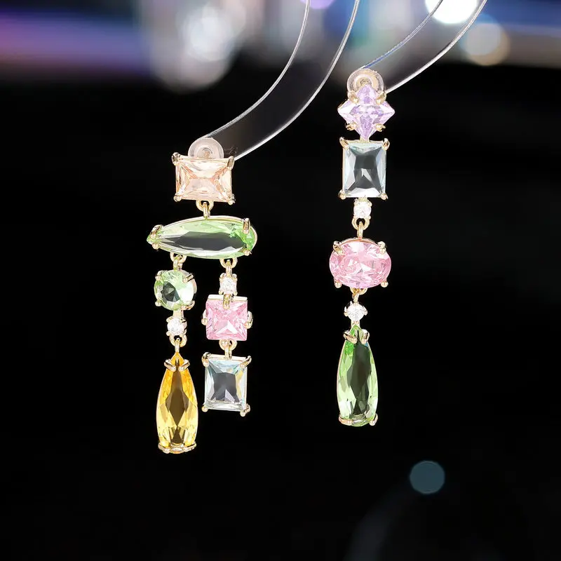 FXLRY French Design Sense AB Asymmetrical Earrings Transparent Geometric Zircon Earrings For Women Wedding Jewelry