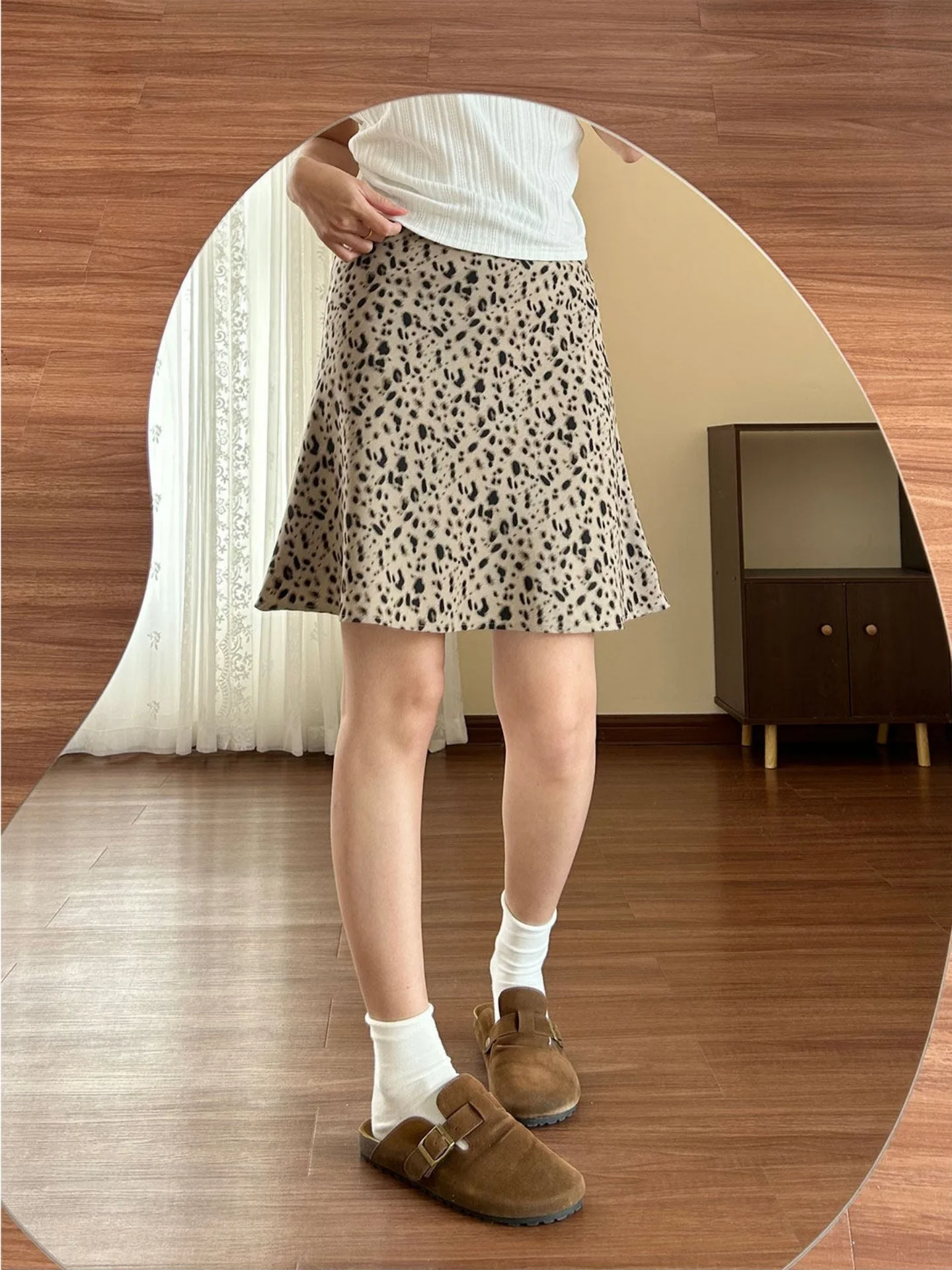 plus Size Women's Brown Leopard Print A-Line  Skirt High Waist Fish Tail Design Skin-friendly Breathable Autumn New Style