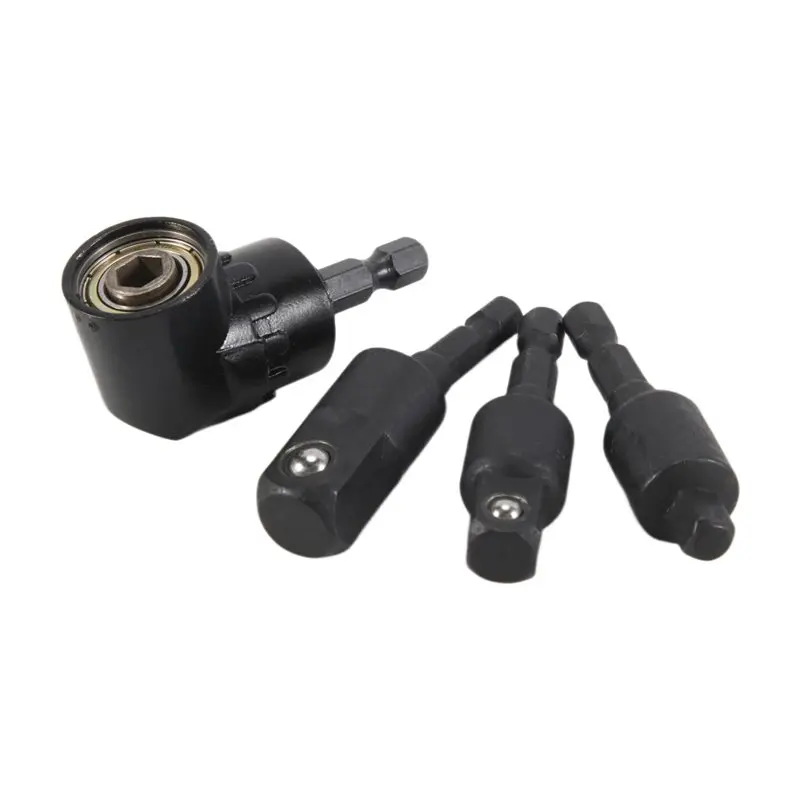 ABJI-Right Angle Drill Adaptor 4-In-1 Impact Drill Bit Extension 360° Rotatable Metal 1/4 3/8 1/2In Impact Grade Socket Adapter