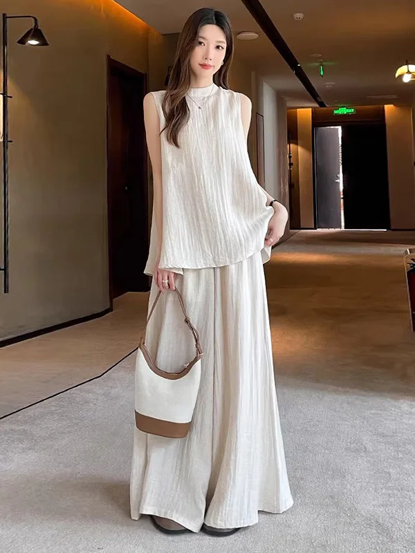 

Casual Fashion Loose Summer 2026 New Style Vest Wide Leg Pants Set Elegant Quality Cotton round Neck Sleeveless Two-Piece Set