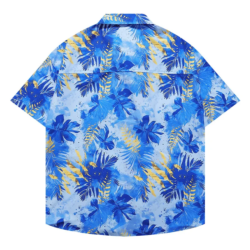 Men Shirts Hawaiian Vacation Loose Shirts Summer Refreshing Turn Down Collar Leaf Print Half Sleeve Shirt Versatile Daily Tops