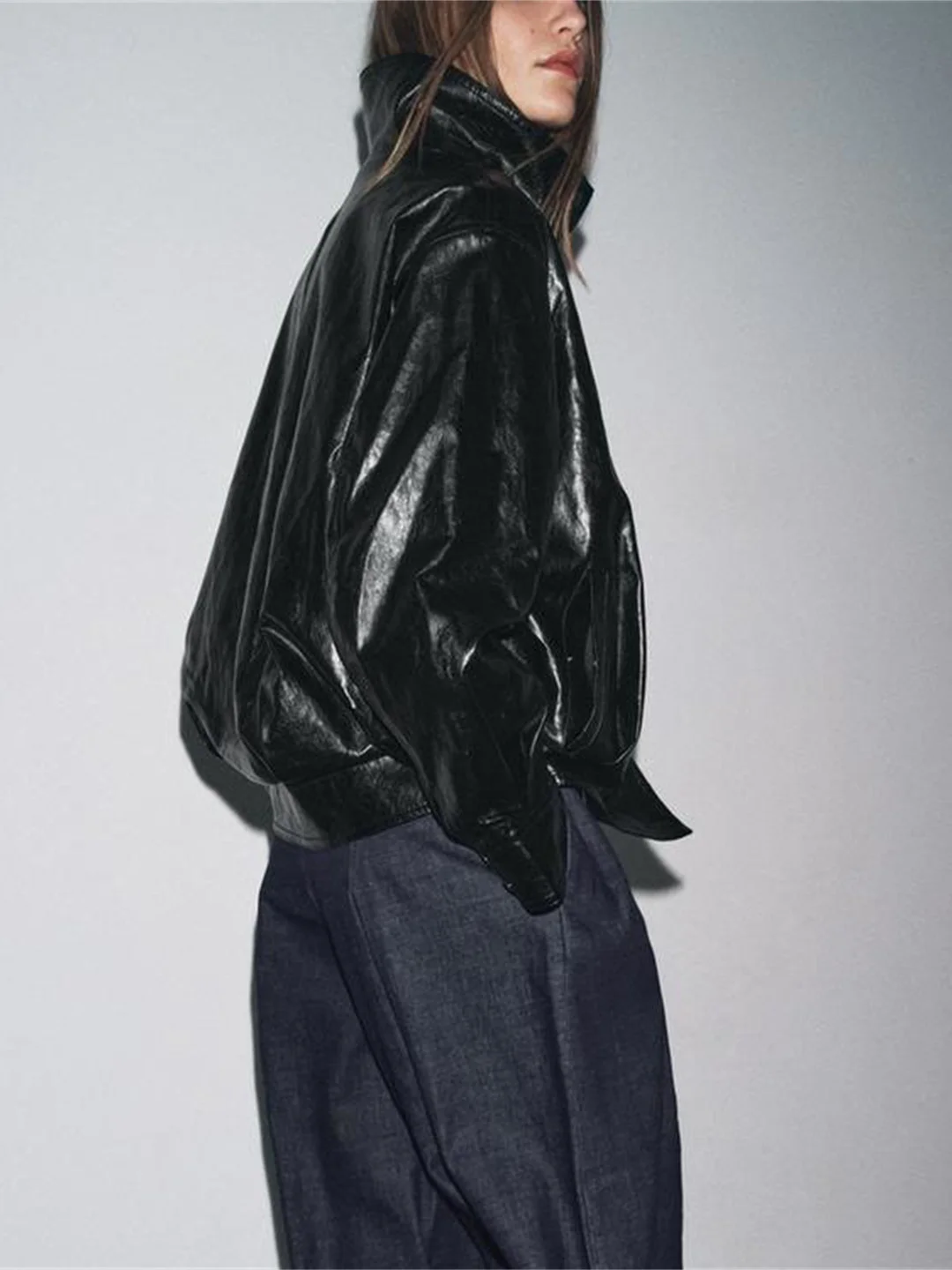 ini Pelle Jaet Collo alto Lungo Sve Cappotto casual in pelle PU con orlo gonfio da donna per la stagione autunnale 354825