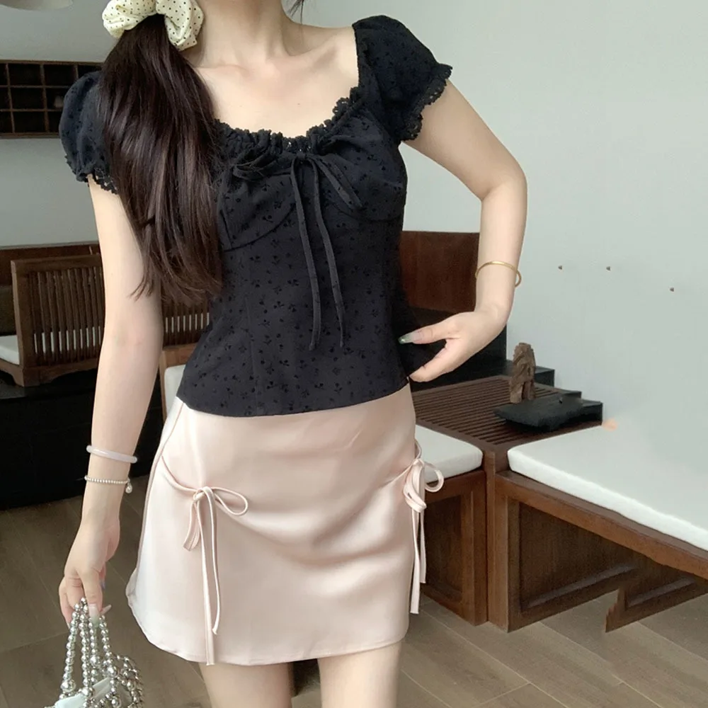 Hot Girl Fashion Black T-shirt + Pink Bag Hip Skirt Two Piece Set Women Bow Lace Up Splice Lace Slim Tops Summer Chic Lady Sets