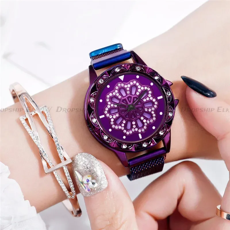 Women Watch Mesh Magnet 360 Degree Rotating Dial Ladies Watch Luxury Fashion Diamond Quartz Watch for Women Clock Relogio Femino