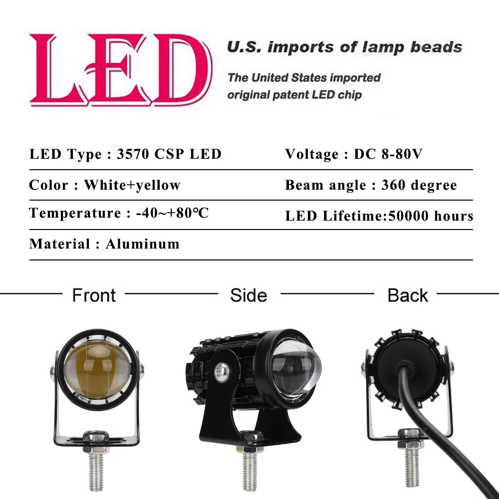 1Pcs Motorcycle Mini Spotlight Dual Color Driving Light ATV Scooter Motorbike Auxiliary Lamp LED Projector Lens Fog Light Access image 2