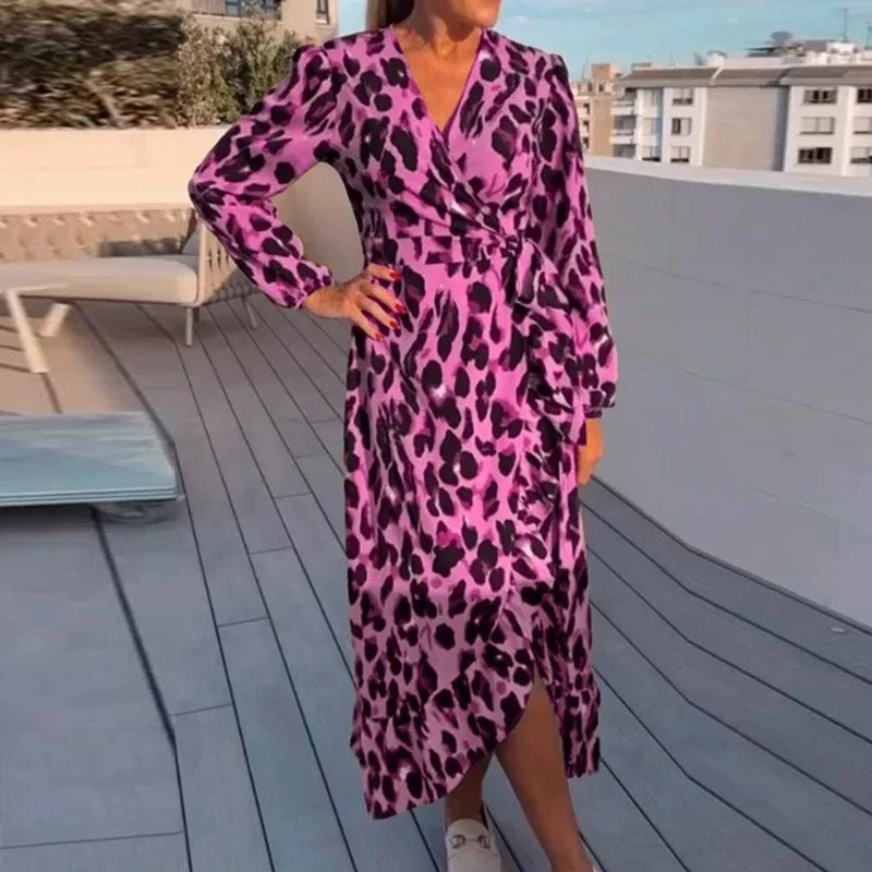 

Elegant Lady Casual Party Maxi Dress Sexy Deep V-Neck Leopard Print Long-Sleeved Dress New Spring Autumn Women Belt Long Dresses