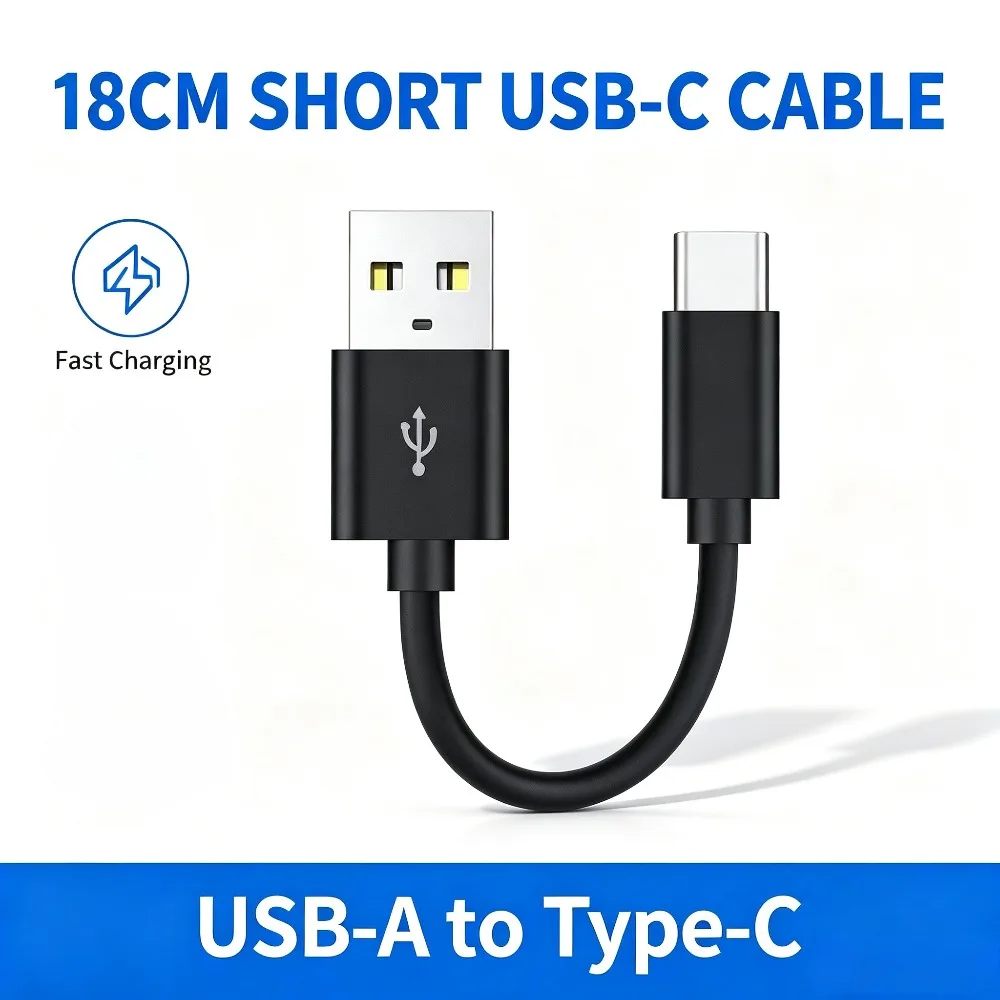 1pcs 18cm Portable Short USB‑A to USB‑C Cable Fast Charge Data Sync Type‑C Charging Cord for Power Bank Smartphone