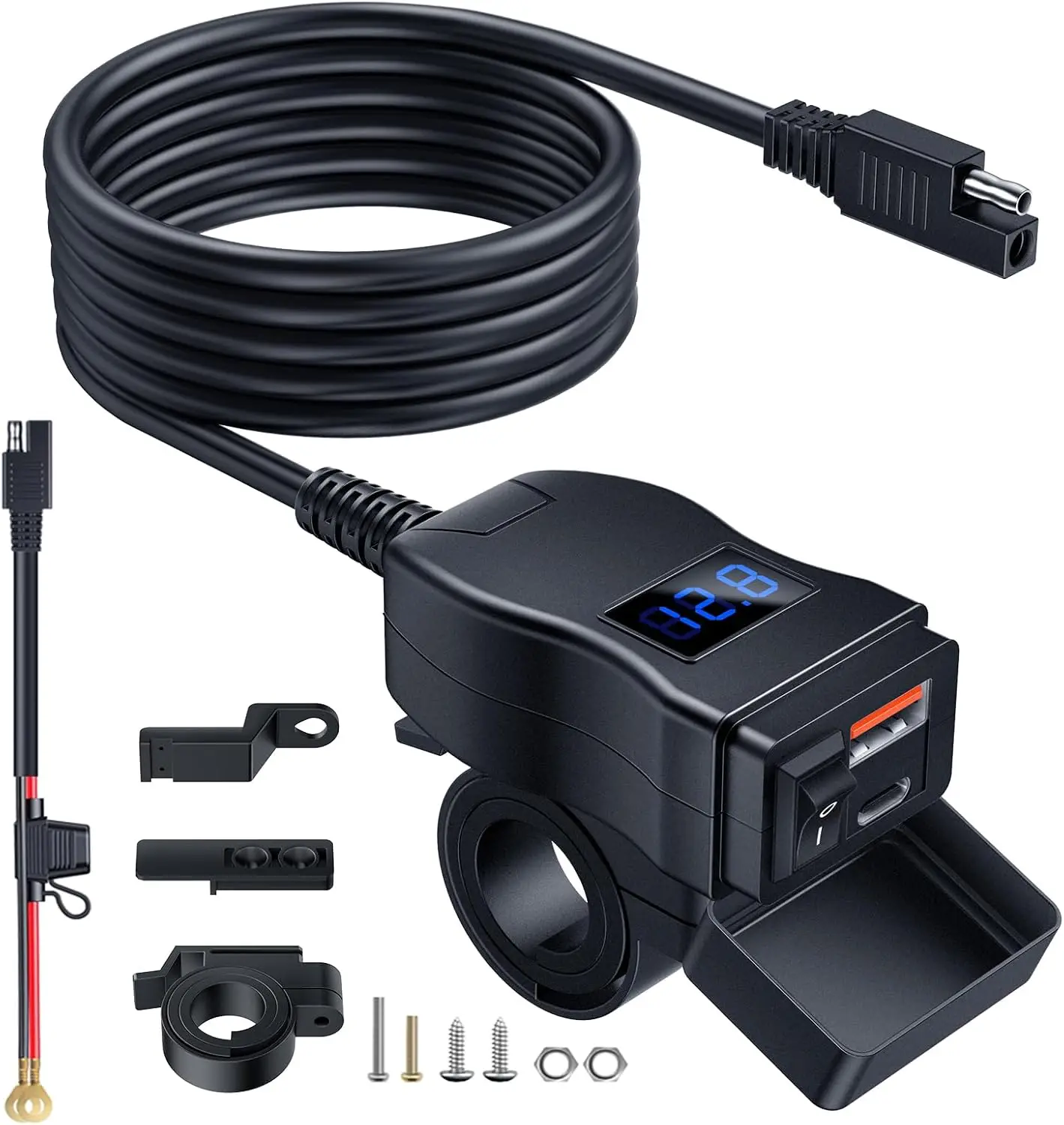 

Dual USB-C PD & QC3.0 Motorcycle Charger with Voltmeter, Waterproof for Phones, GPS