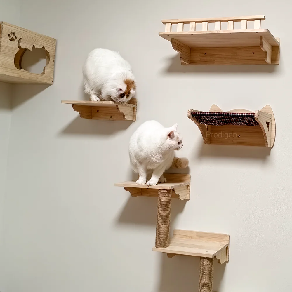 Wall Mounted Cat Climbing Shelves Cat Hammock with Stairway and Scratching Post Jumping Platform for Kittens Playing and Perch