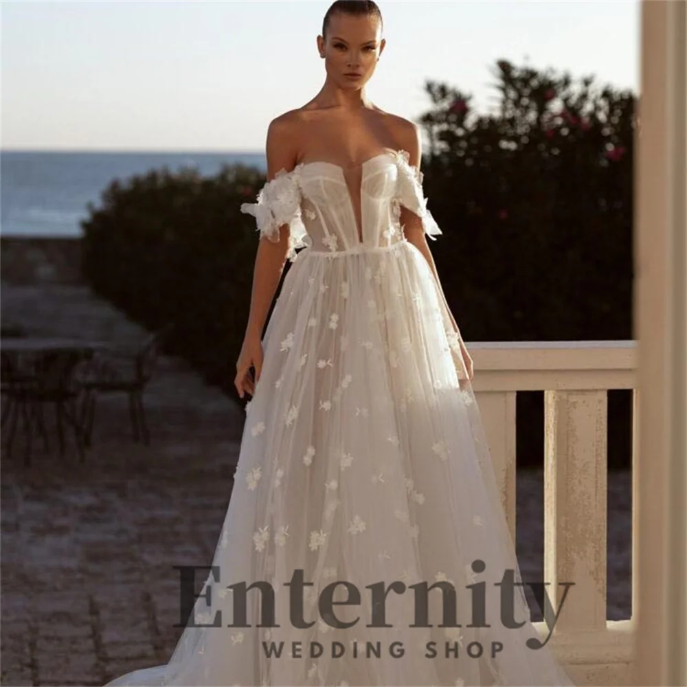 

Customzied V-Neck Wedding Dress Backless Floor-length Off The Shoulder Charming 3D Lace Applique Bridal Gown Vestidos De Novi