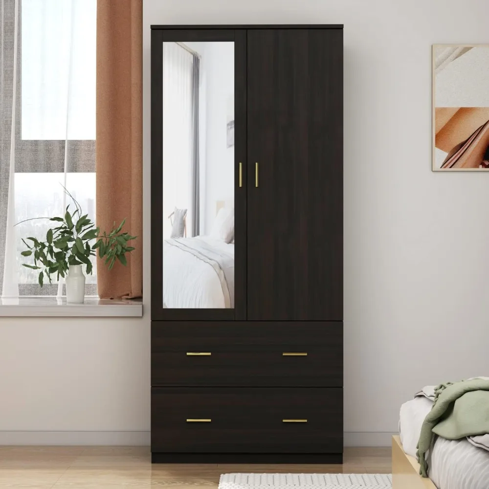 

2 Door Wardrobe Armoire Closet with Mirror, 31.5" W Wooden Wardrobe Cabinet with Hanging Rod & 2 Drawers