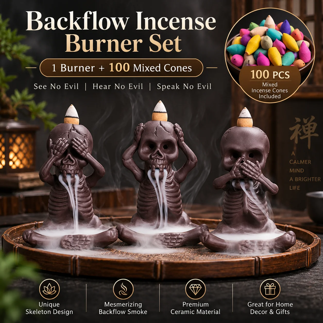 Ghost Backflow Incense Burner with 100pcs Mixed Incense Cute Waterfall Censer for Home Office Meditation Decor