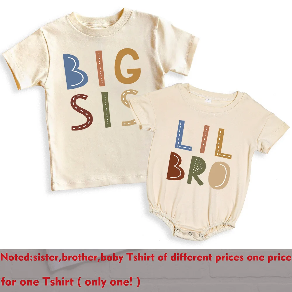 Big Brother Little Sister Printed Shirt Retro Sibling Matching Clothes Kids Short Sleeve T-shirt Tops Baby Large Bubbles Romper