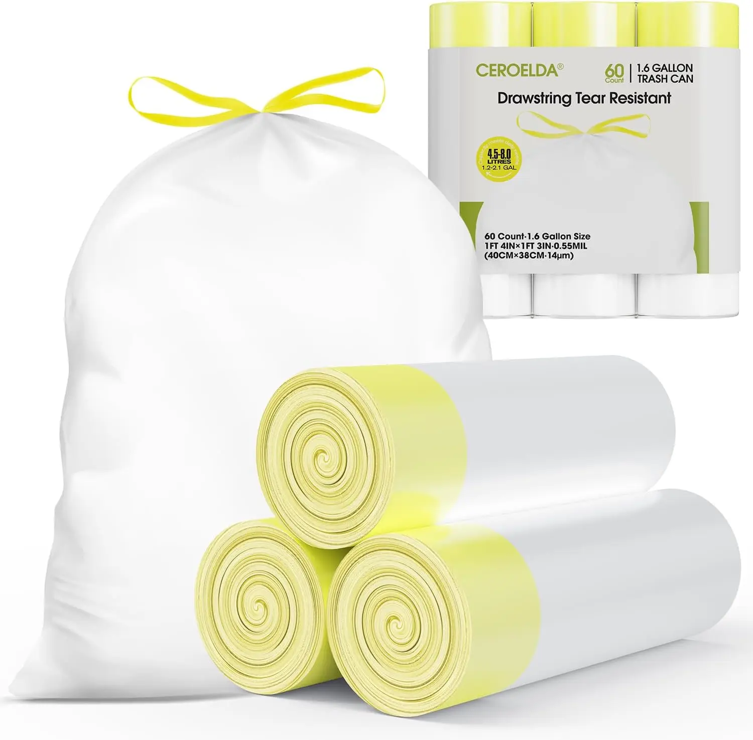 

Маленькие мешки для мусора объемом 1,6 галлона, 60 штук, мини-мешки для мусора с завязками, без запаха, подходят для объема 4,5-8 литров, для ванной, спальни, офиса.