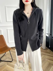 New Women 100% Merino Wool Hooded Cardigan Zipper Sweater Spring Autumn Winter Cashmere Knitwear Warm Long Sleeve Tops Hoodie