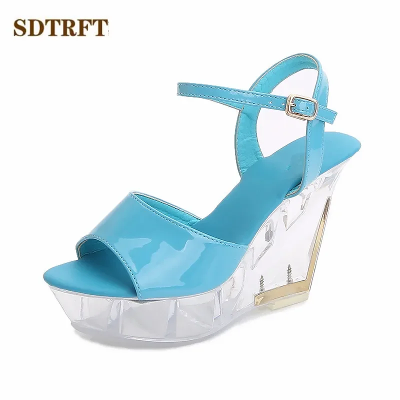 SDTRFT Peep Toe Shoes Woman Transparent Platform Wedges Stilettos Zapatos Mujer 10cm High-Heeled Sandals Wedding Buckle Pumps