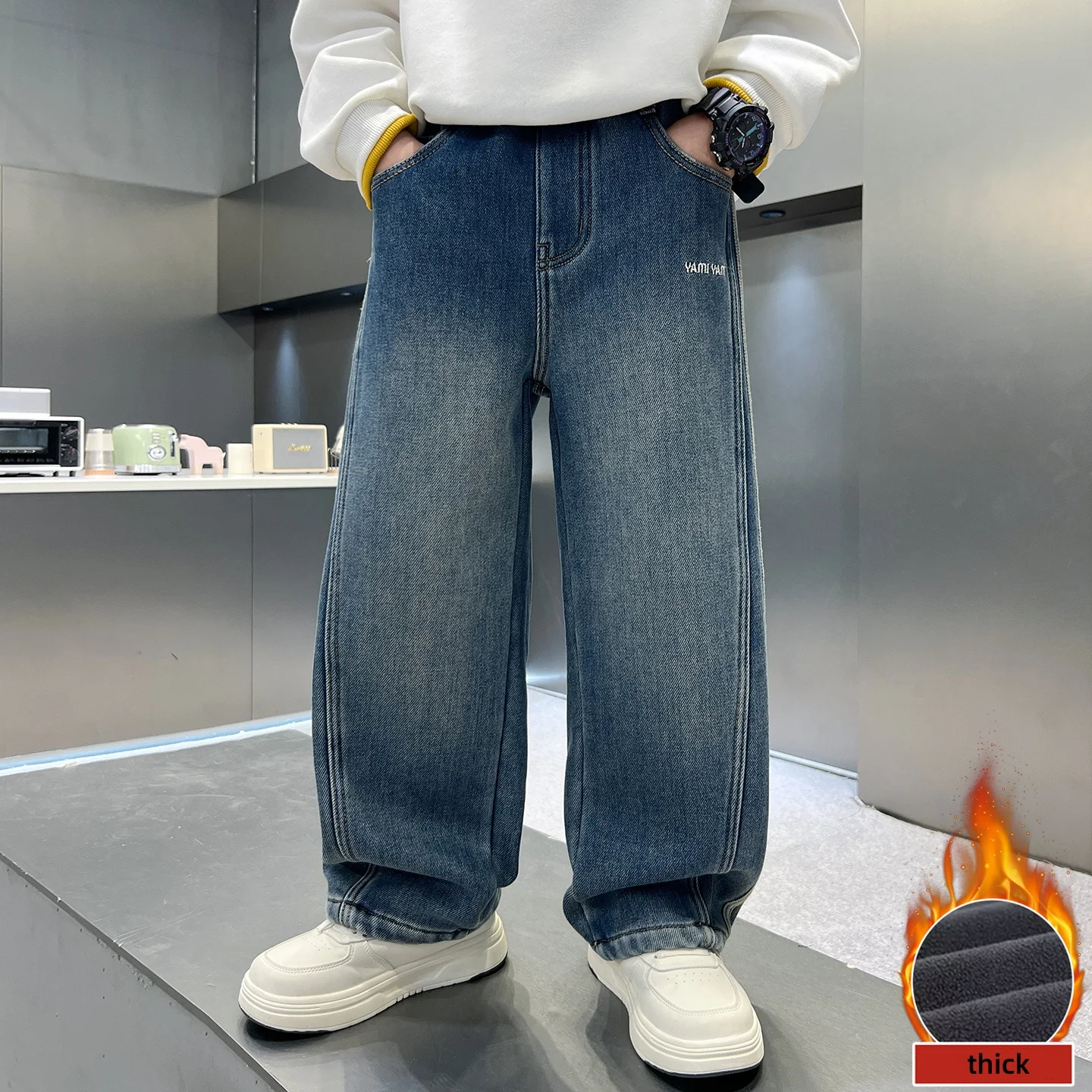 

Детские джинсы на флисовой подкладке для детей от 5 до 16 лет, полосатые теплые зимние брюки, толстые повседневные брюки для мальчиков с декором в боковую полоску ﻿