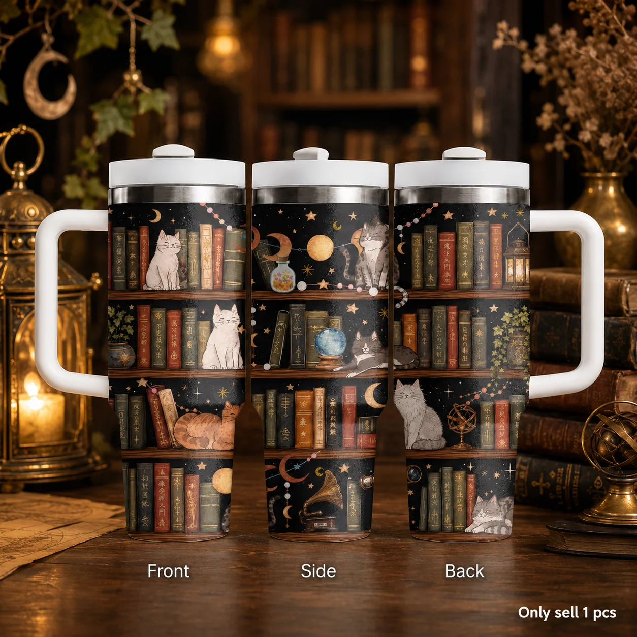 Magical Cats Bookshelf Library Vacuum Flasks 40oz Stainless Steel Insulated Tumbler With Handle & Straw Leakproof Travel Mug