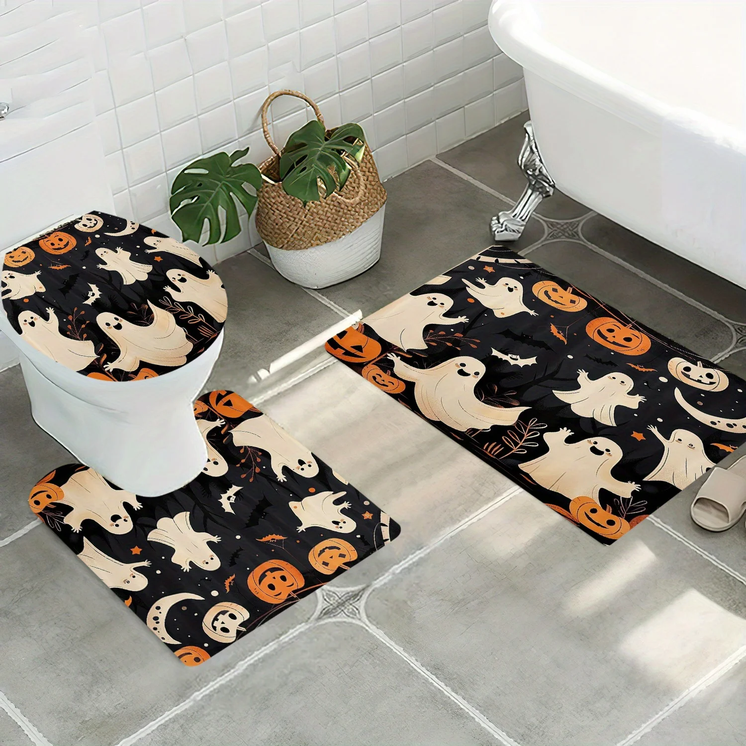3pcs ​​Spooky Halloween Bath Mat Set - Pumpkin & Bat Non-Slip Rug & Lid Cover for Festive Bathroom Decor & Trick-or-Treat Fun​