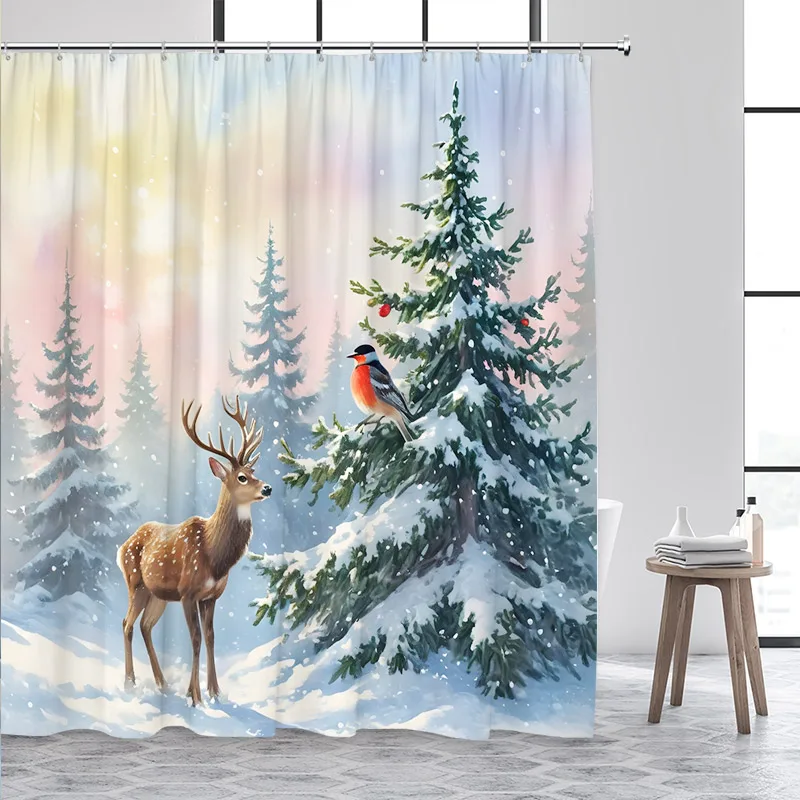 Christmas Elk Shower Curtain Farmhouse Pine Bough Deer Animal Cedar Winter Forest Landscape Bath Curtains Fabric Bathroom Decor