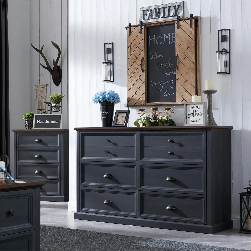 Commode rustique en bois à 6 tiroirs, coffre de rangement large 58 pour chambre à coucher, organisateur avec deux fonctionnalités distinctives