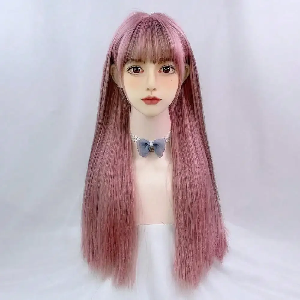 High-Quality Pink Straight Hair Synthetic Bangs Wig Non-Adhesive Heat-Resistant Fiber Fashion Female Wig Suitable For Party