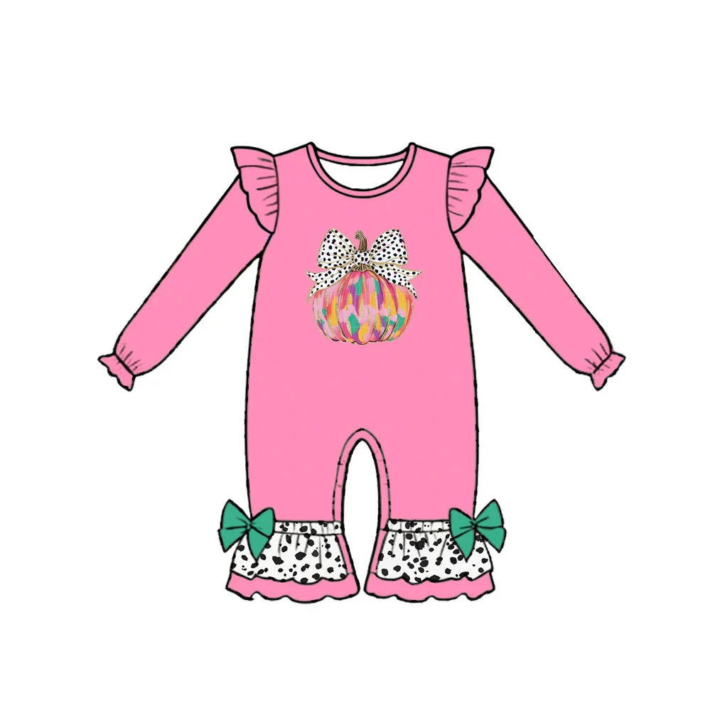 Infant Girl Thanksgiving Baby Girls Toddler Fall Pumpkins Bows Long Sleeve Boutique Solid Color Ruffles Kids Children Rompers