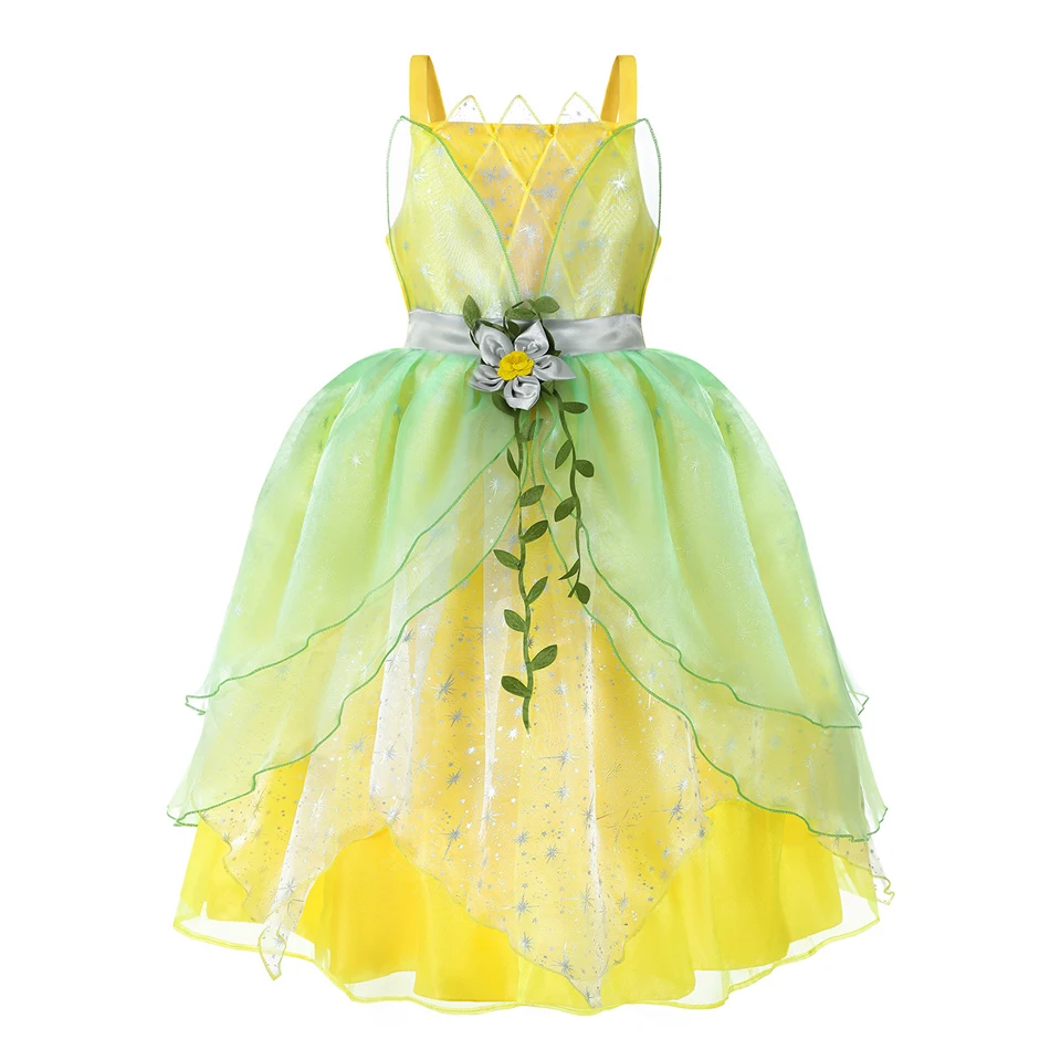 Girls Princess Tiana And The Frog Cosplay Dress Luxury Flower Applique Sling Frocks Kids Princess Theme Birthday Party Costume