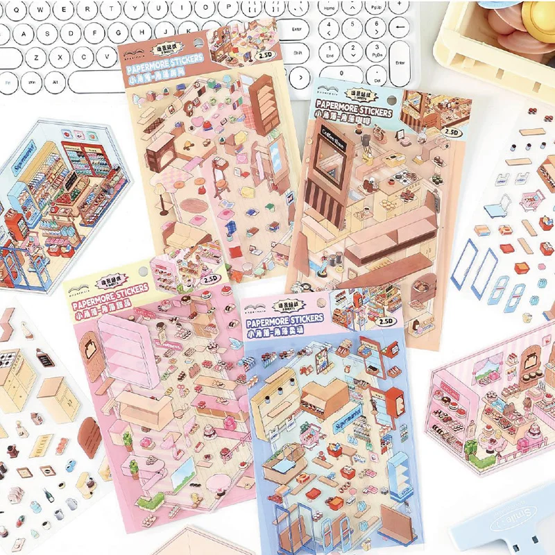 

4-стильная маленькая угловая серия, наклейка, сцена 2,5D, пейзажная наклейка, миниатюрная наклейка, ручная учетная запись, коллаж, пейзаж, украшение «сделай сам»