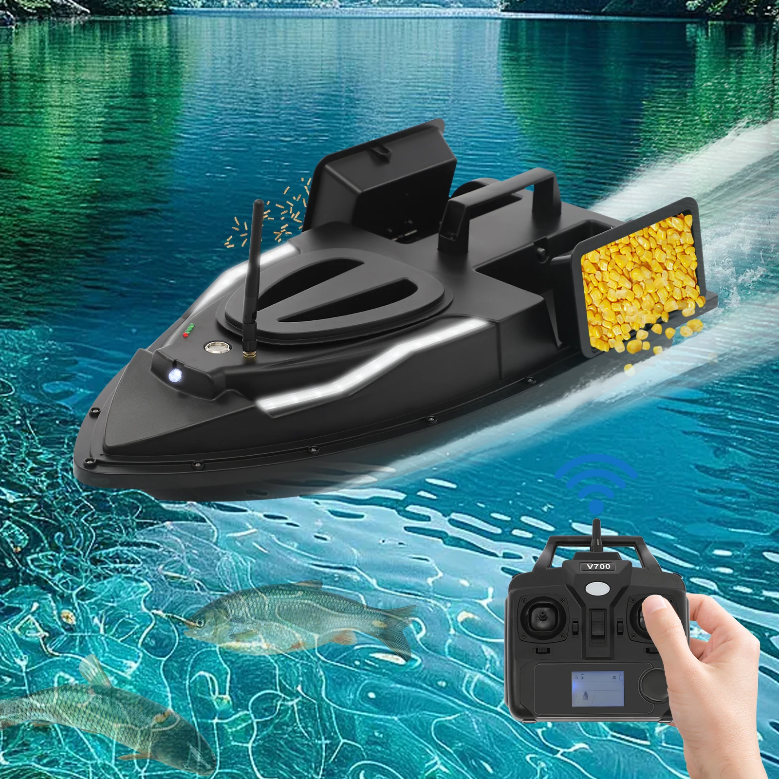 Double Bait Hooper Bait Boat Fishing Bait Boat w/ Battery & 500m Remote Control for Pool Lake 1.5kg Loading Capacity