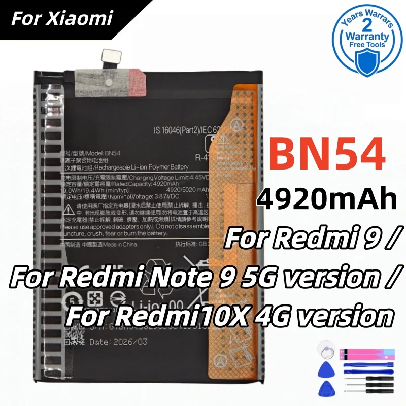

2026 Years BN54 Battery For Xiaomi Redmi Note 9 5G Note9 / Redmi 9 / Redmi 10X 4G Phone Bateria Batteries+Free tools