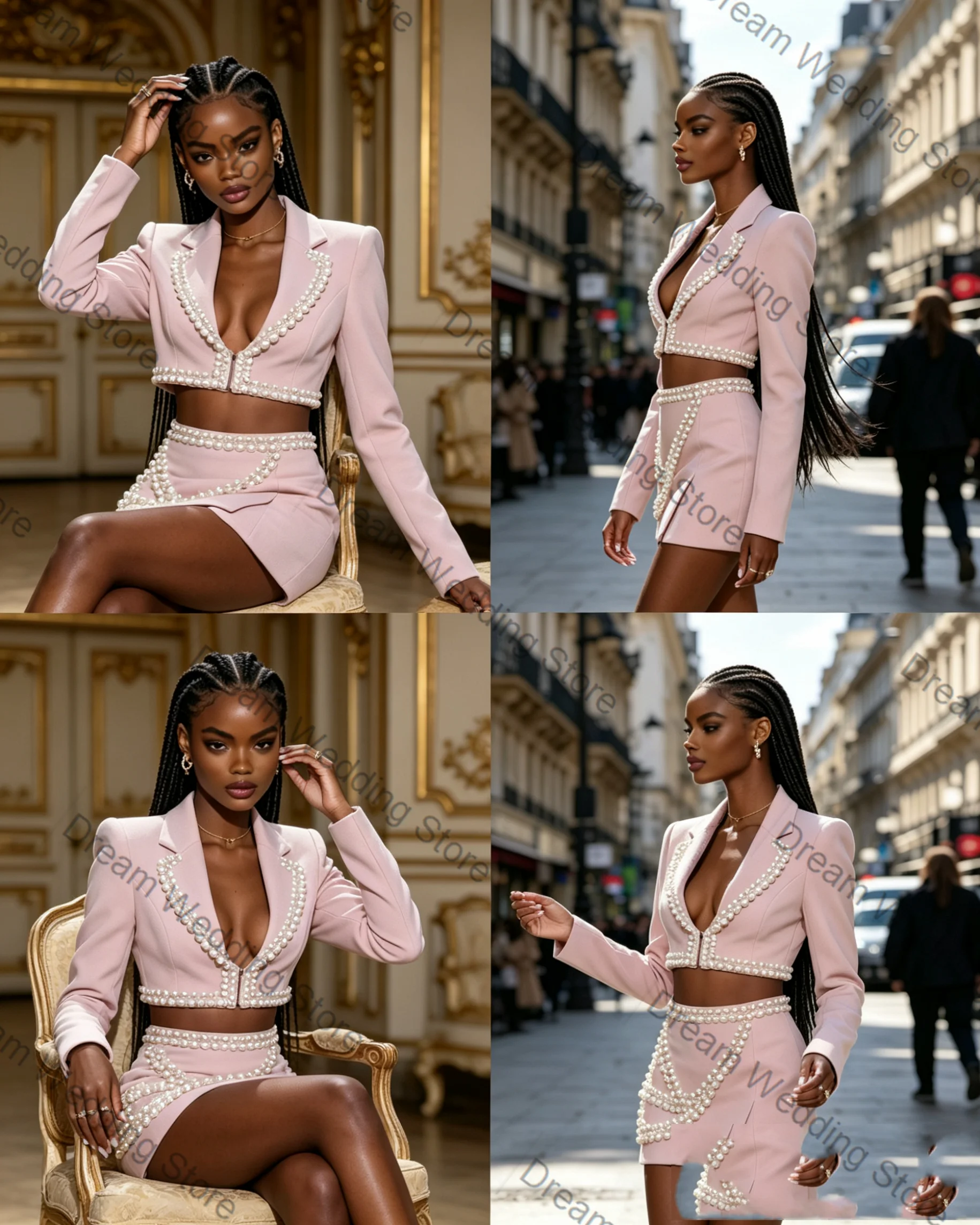 

Formal Pink Women Suit Set 2 Pcs Blazer+Short Mini Prom Dress Pearls Business Office Lady Jacket Wedding Coat Customized