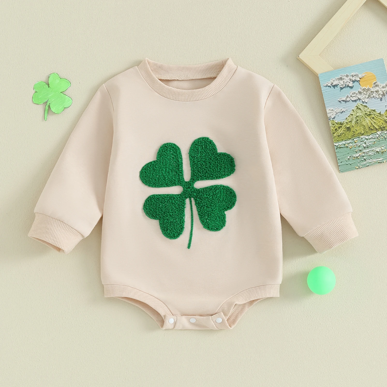 Baby Casual Sweatshirt Rompers Bubble Long Sleeve Crew Neck Letters Bodysuit Baby Girl Boy St. Patricks Day Costume Outfit