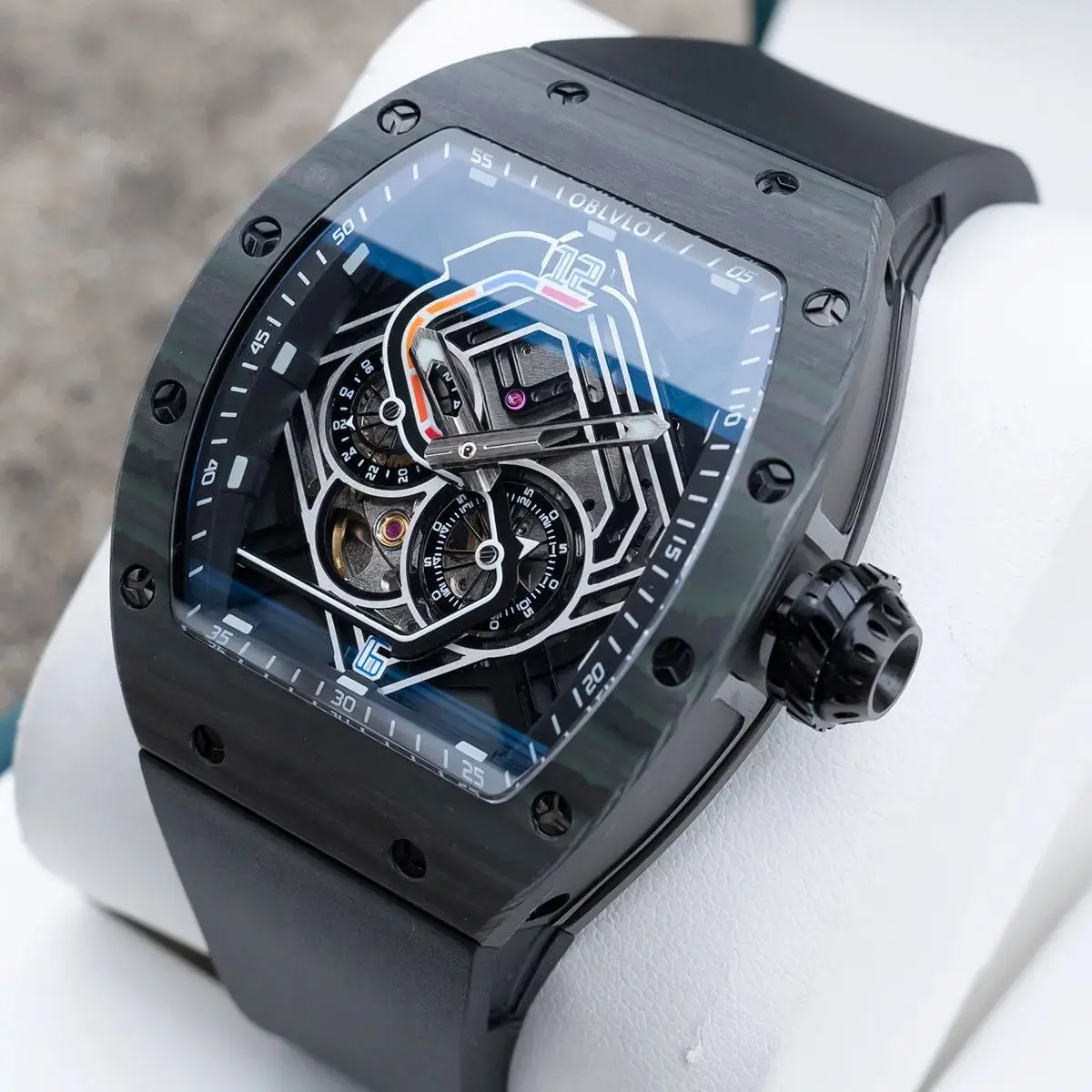 OBLVLO Men Automatic Watch 43mm Tonneau Mechanical Wristwatch Luminous Race Track Dial Sapphire Mirror