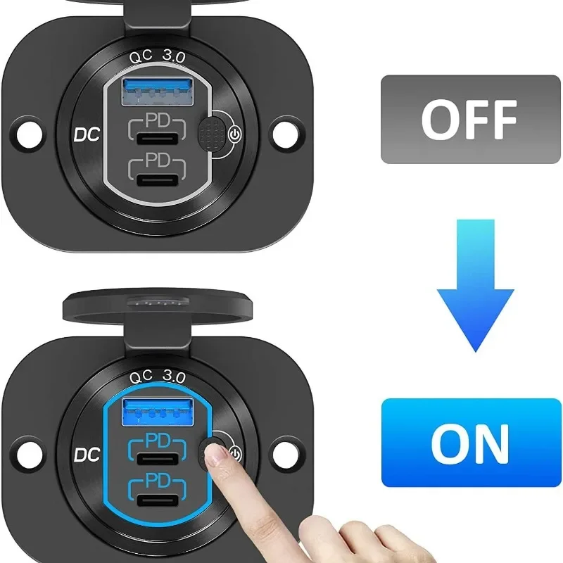 

Двойное автомобильное зарядное устройство QC3.0+PD с переключателем и дисплеем напряжения, быстрое зарядное устройство для мотоциклов и автомобилей