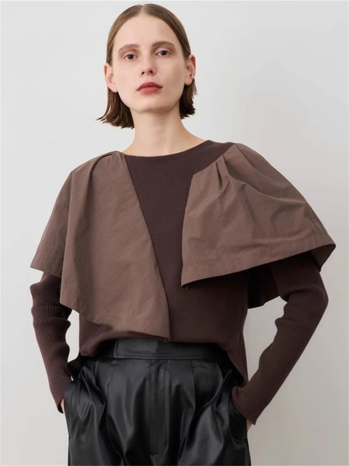 

Retro Asymmetric Hem Slim Fit Knitwear Women's High Collar Splicing Design Faionable Commute Sle Long Sve Color