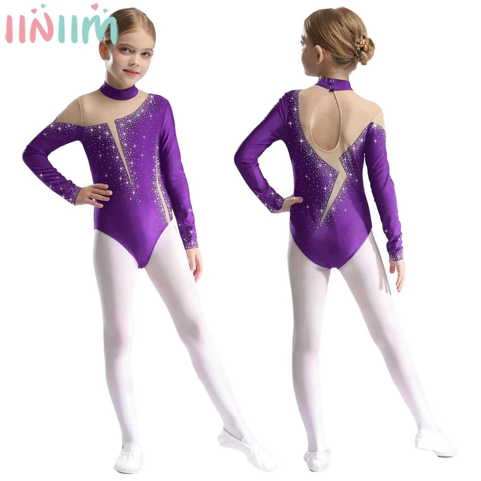 Teen Girls Long Sleeve Sheer Mesh Rhinestone Ballet Dance Leotard Figure Skating Gymnastics Acrobatics Performance Bodysuit