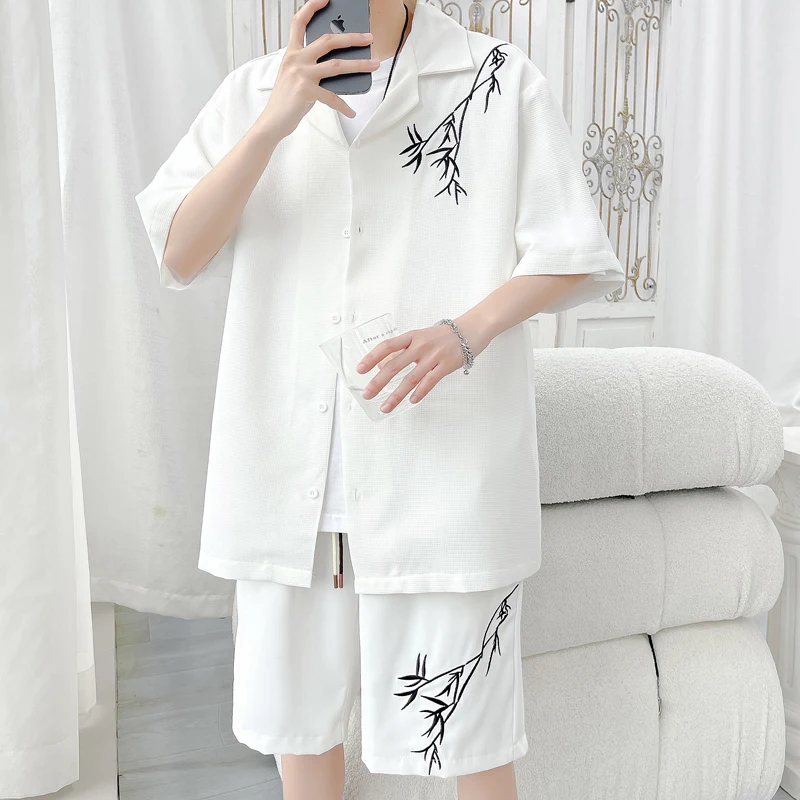 Summer Two-Piece Men Outfits Short Sleeve Shirt and Shorts Bamboo Embroidery Elegant Simple Clothes Casual Thin Oversized Sets